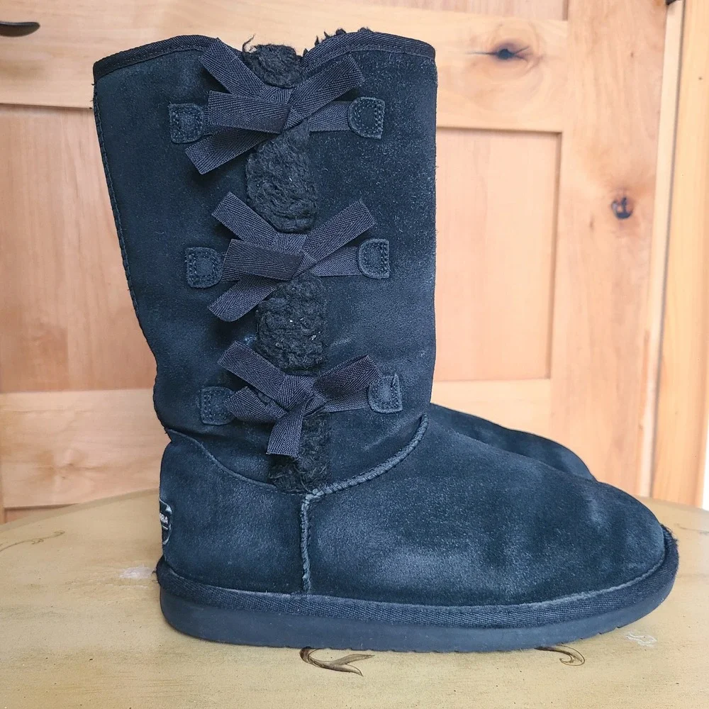 Koolaburra by UGG US 4 Black Suede Victoria Tall‎ Triple Bow Boots Kids Y2K Cozy